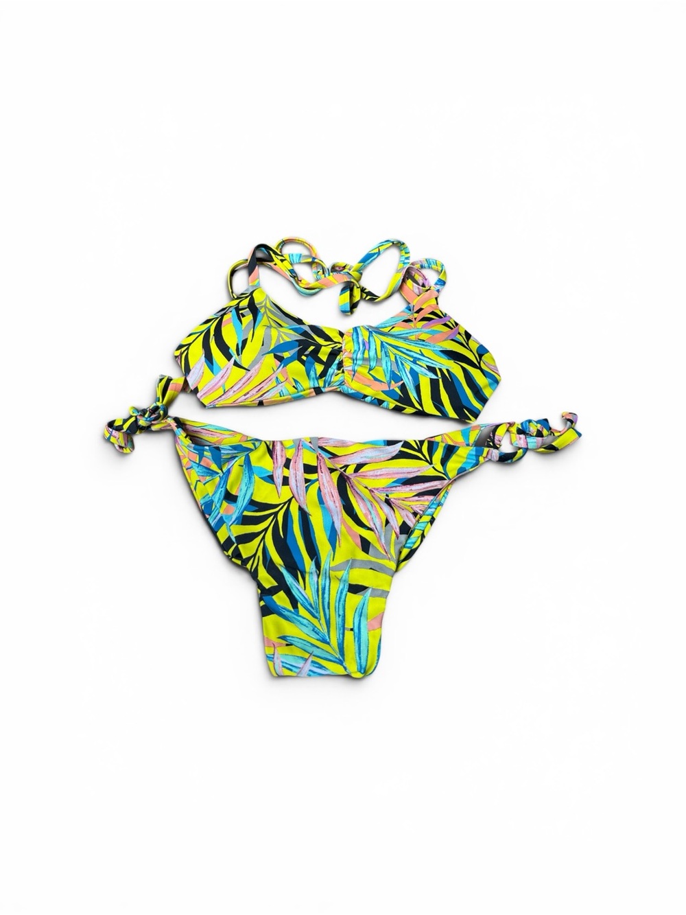 Fused Hawaii Tropical Leaf Print Tie-Side Bikini Set- Neon Yellow & Blue